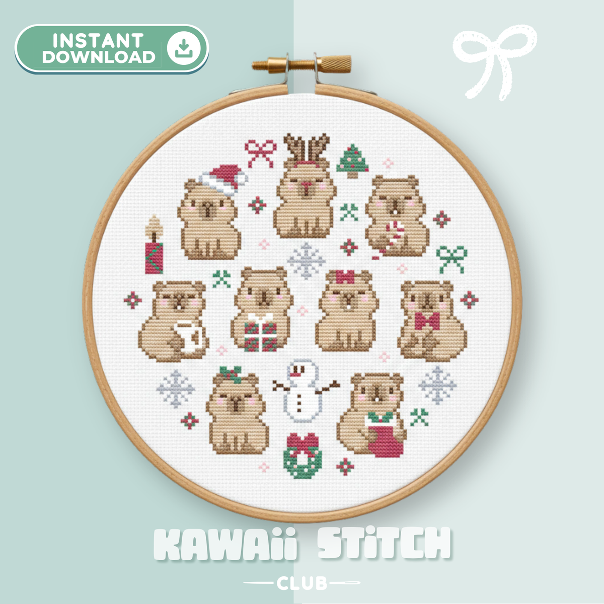 Christmas capybara cross stitch pattern in a hoop with nine festive capybaras, a snowman, gifts and a wreath