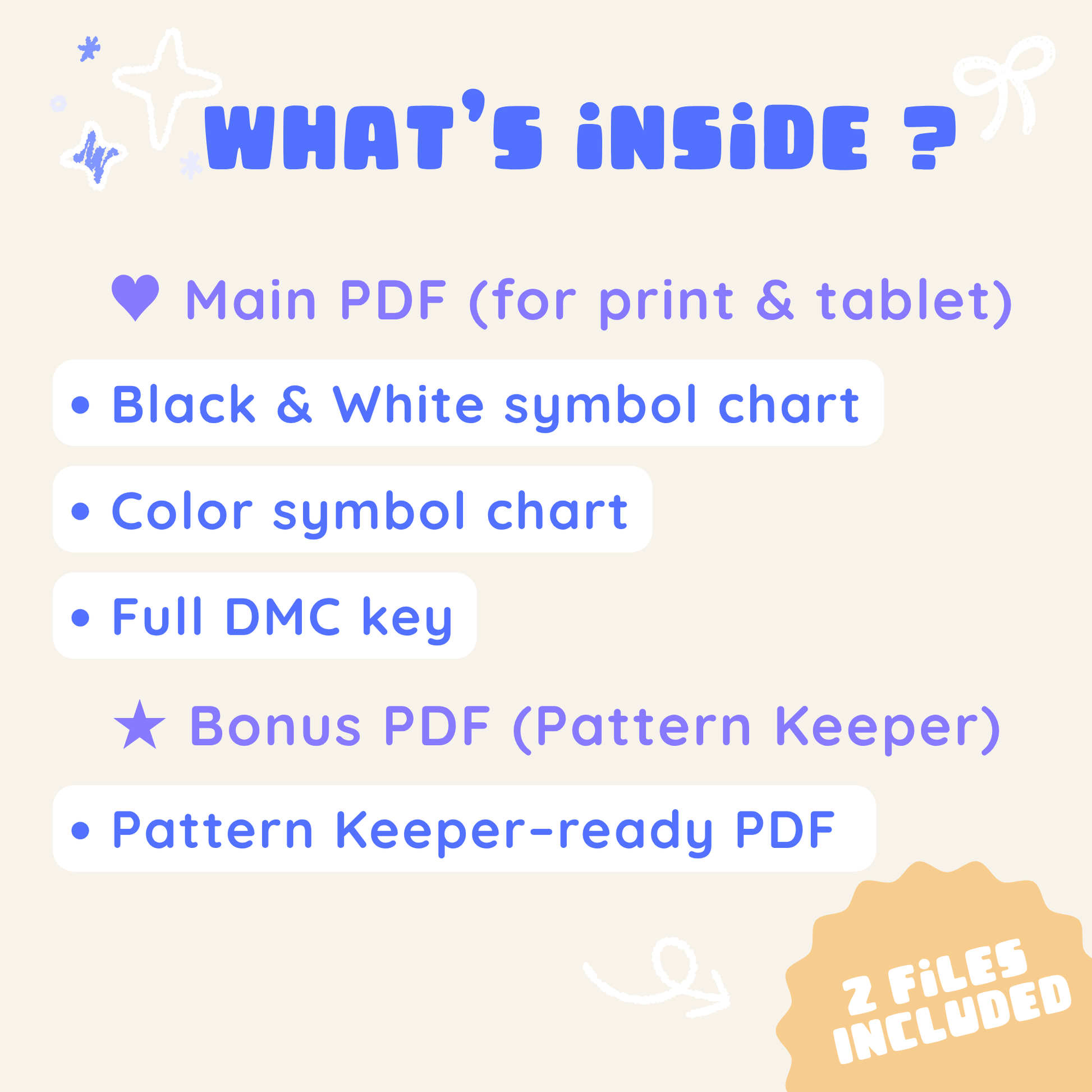 PDF contents: color and black-and-white purple ghost charts, DMC key and Pattern Keeper file