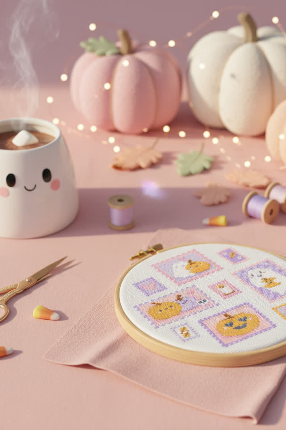 Finished ghost and pumpkin Halloween cross stitch in a hoop on a pastel craft table