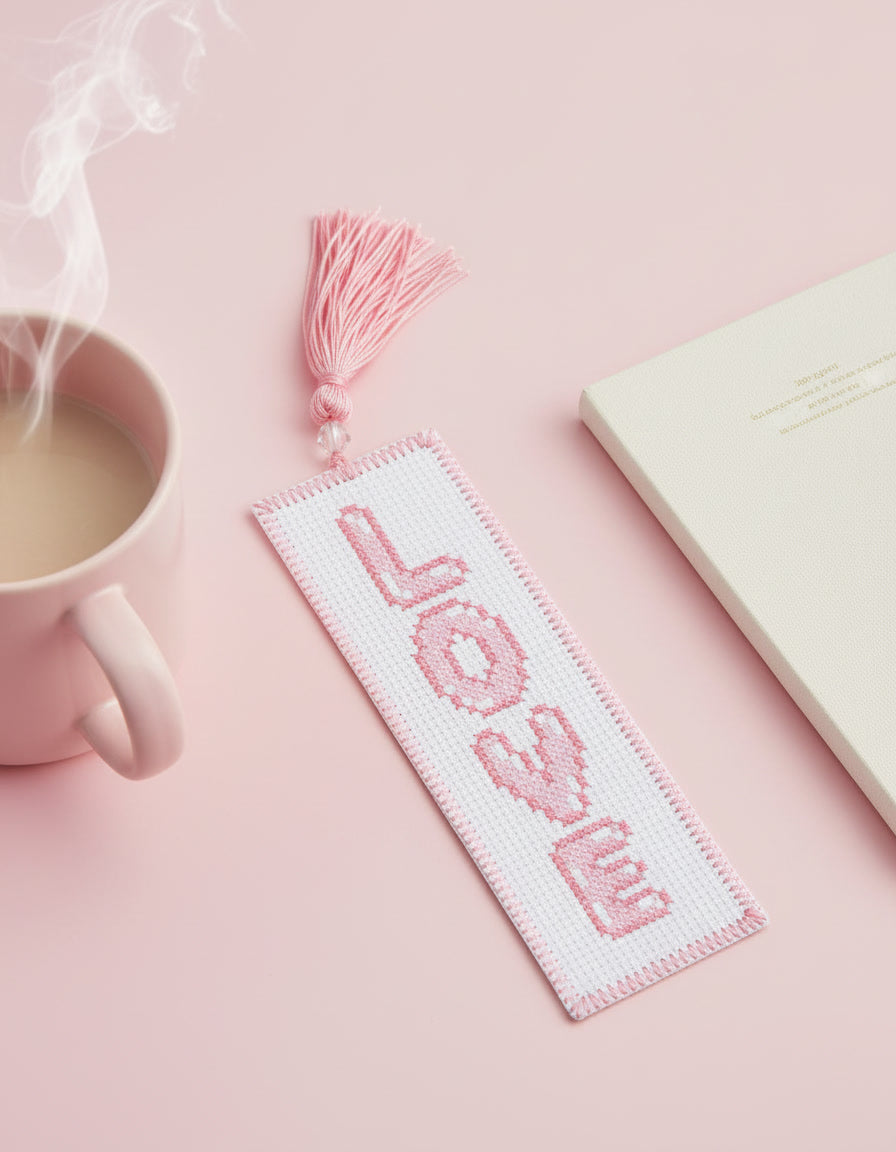 Pink LOVE cross stitch bookmark made with the uppercase bubble alphabet