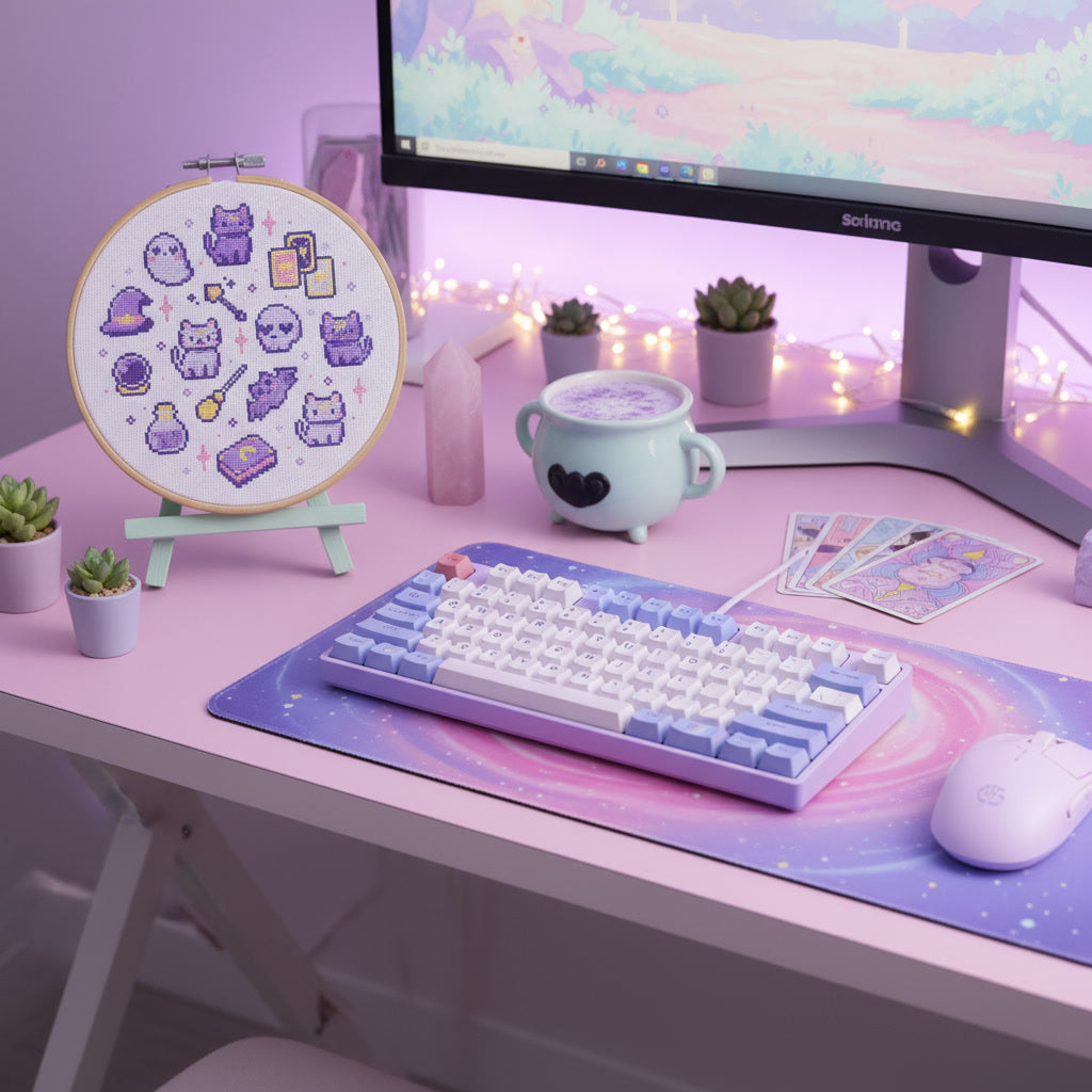 Witchy cats cross stitch displayed beside a pastel gaming desk and lavender lights