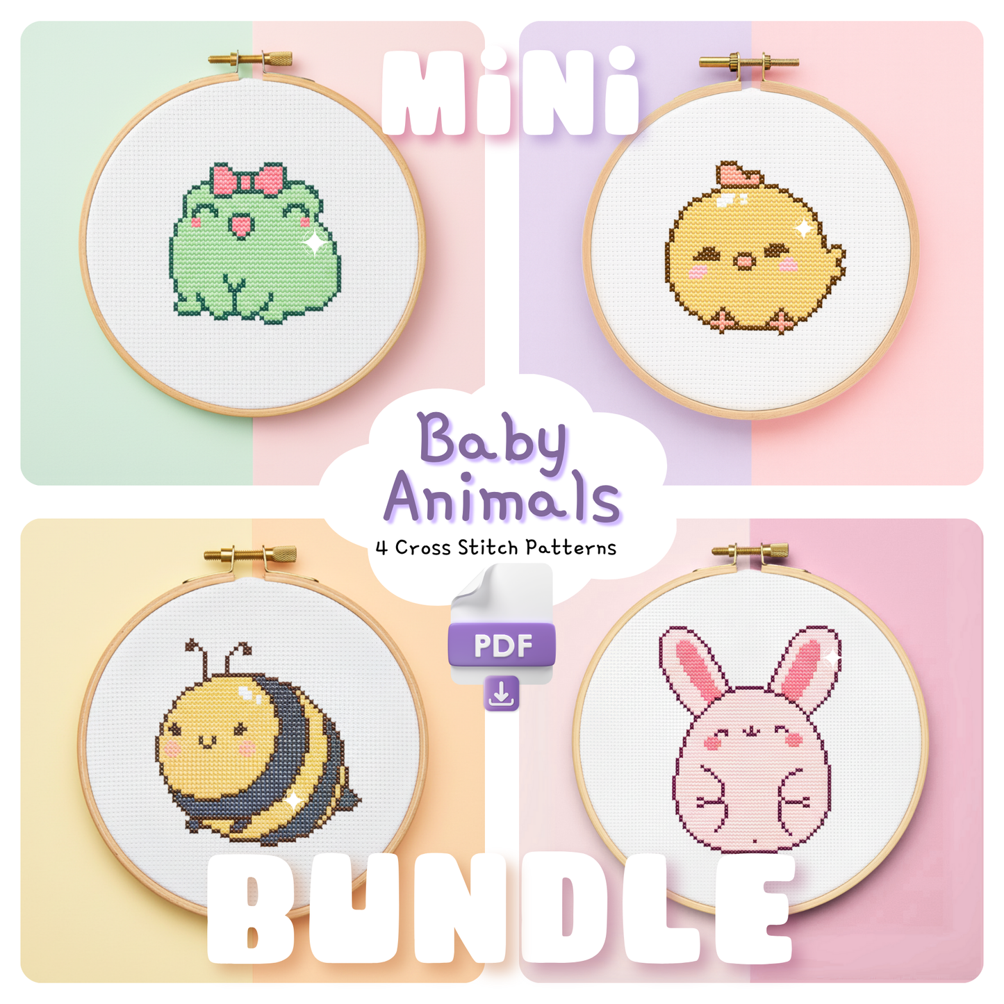Four mini baby animal cross stitch patterns showing a frog, chick, bee and bunny