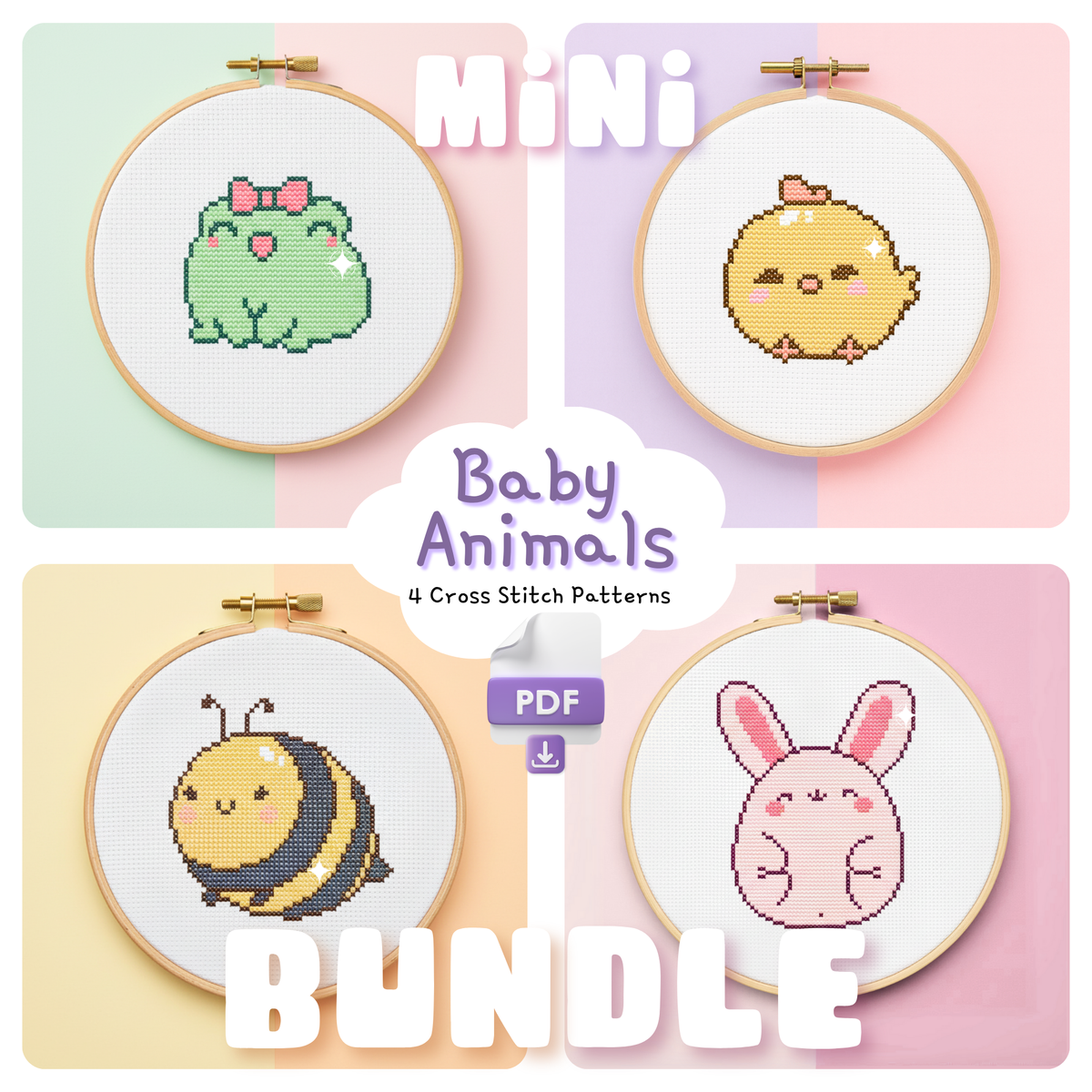 Four mini baby animal cross stitch patterns showing a frog, chick, bee and bunny