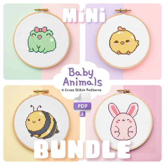 Four mini baby animal cross stitch patterns showing a frog, chick, bee and bunny