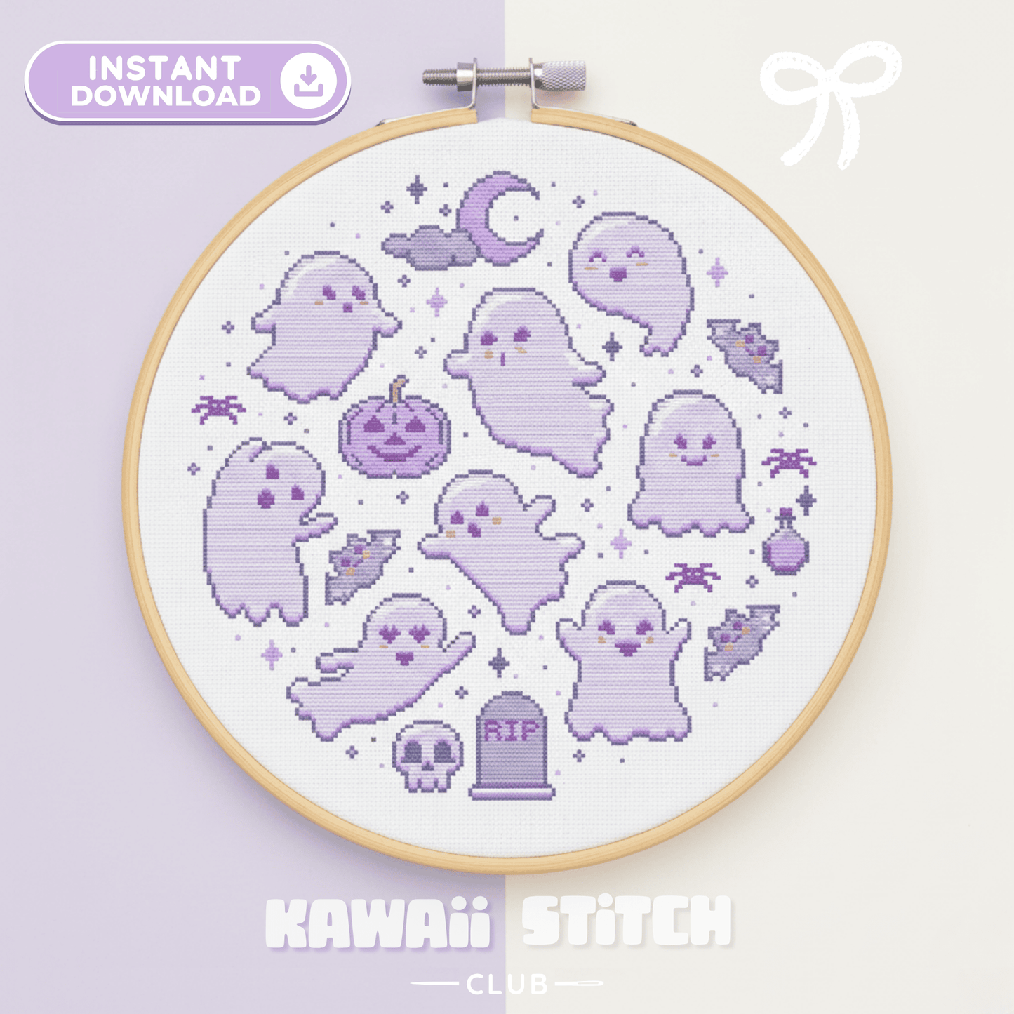 Cute purple ghosts cross stitch pattern with bats, pumpkins and tombstones in a hoop