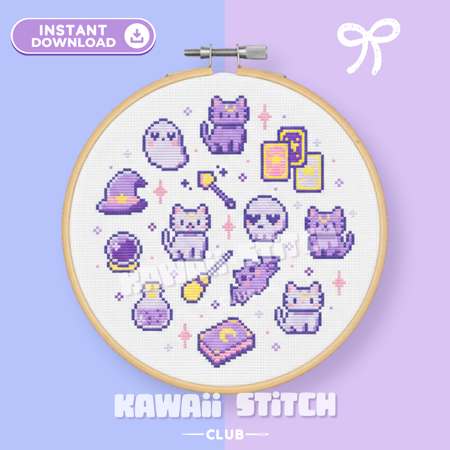 Kawaii witchy cats cross stitch pattern with tarot cards, potion bottles and tiny spells in a hoop