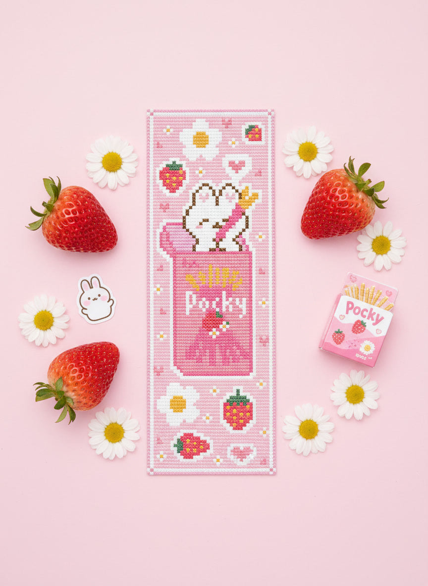 Bookmark Cross Stitch Pattern : Kawaii Pocky Bunny Sweet Pink Strawberry Food (PDF)