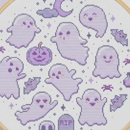 Video preview of the purple ghosts cross stitch pattern