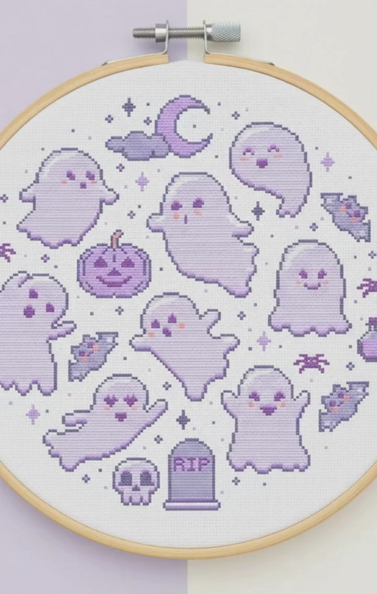 Video preview of the purple ghosts cross stitch pattern