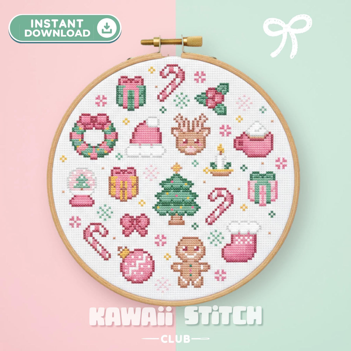 Kawaii Christmas cross stitch pattern in a hoop with pastel gifts, candy canes, a tree, reindeer and gingerbread