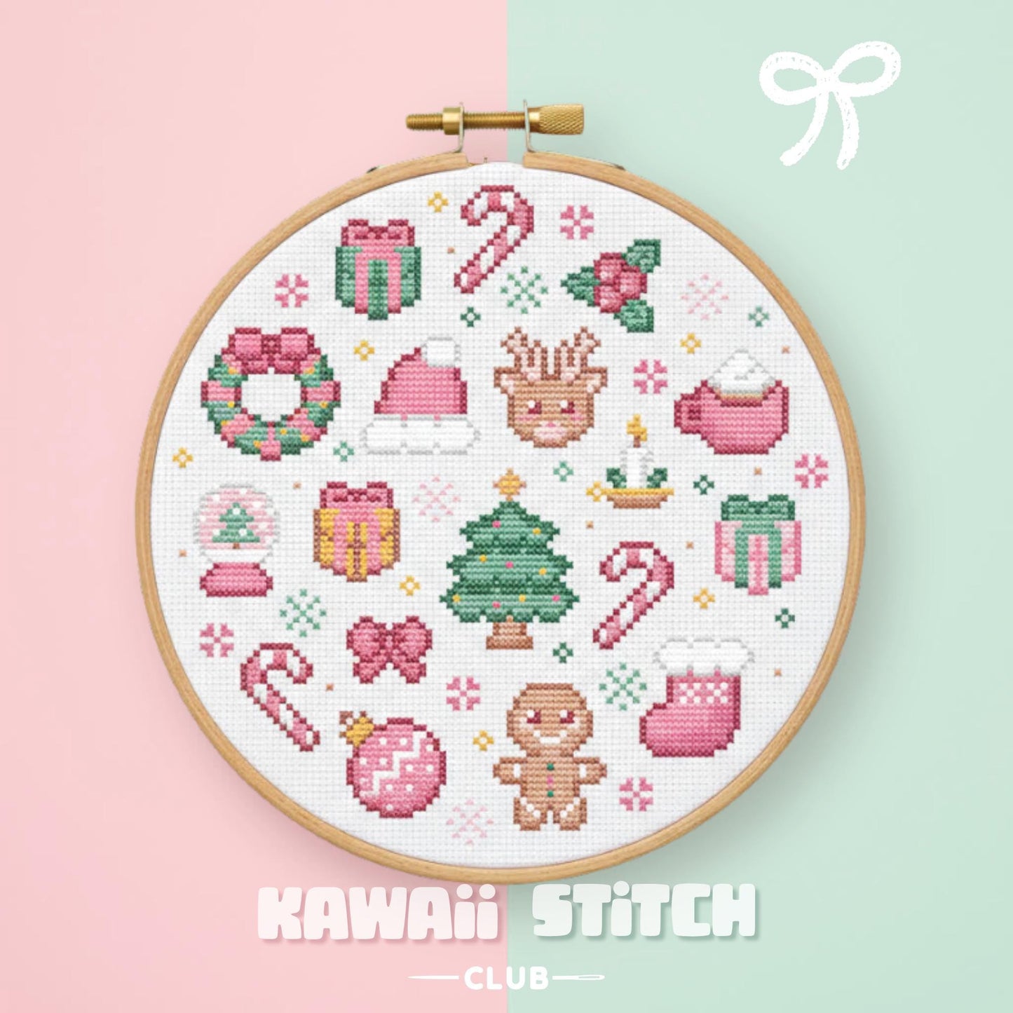 Pastel Christmas motifs stitched in a wooden hoop on a pink and mint background