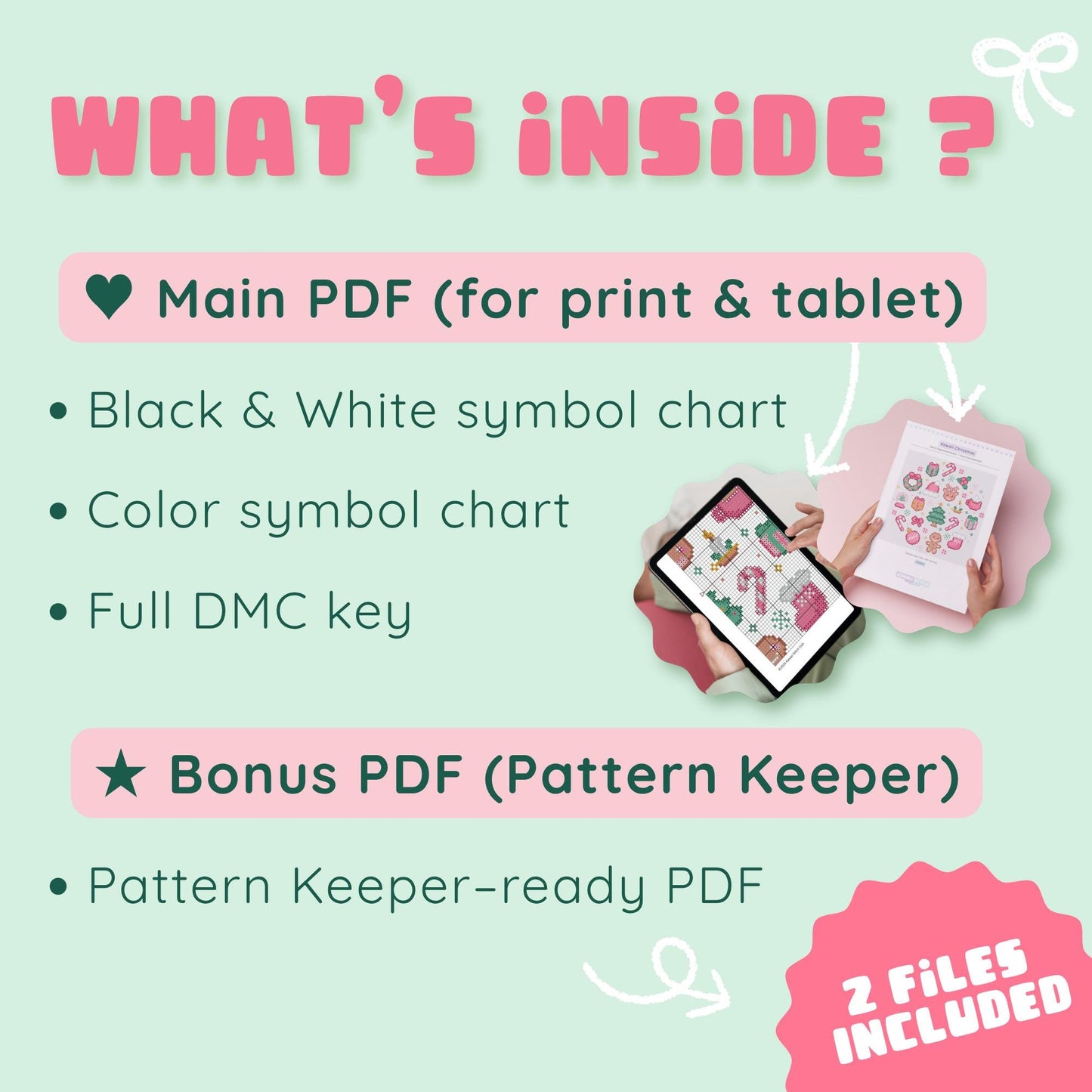 Preview of the main cross stitch PDF and Pattern Keeper-ready bonus file on a tablet and printed page