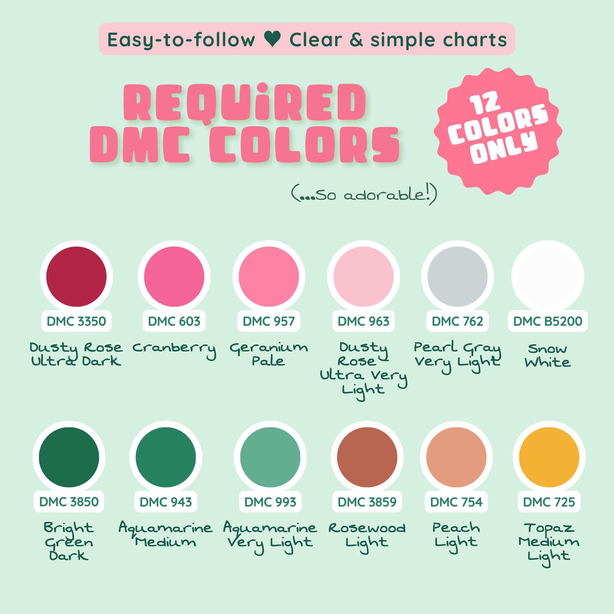 Twelve DMC thread colors required for the pastel kawaii Christmas cross stitch pattern