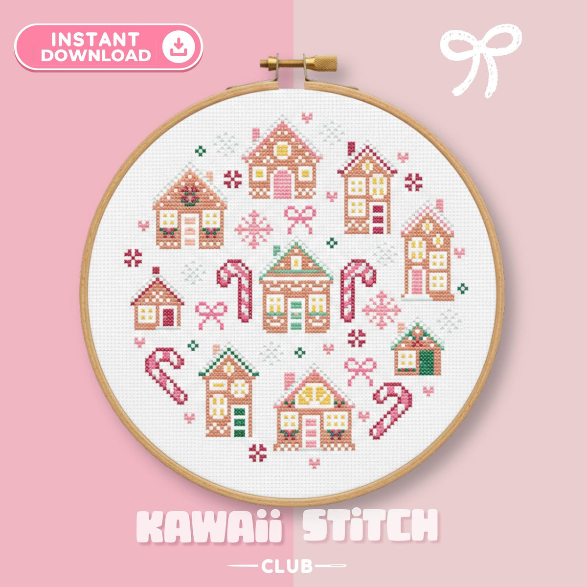 Gingerbread house cross stitch pattern in a hoop with nine pastel cottages, candy canes and snowflakes