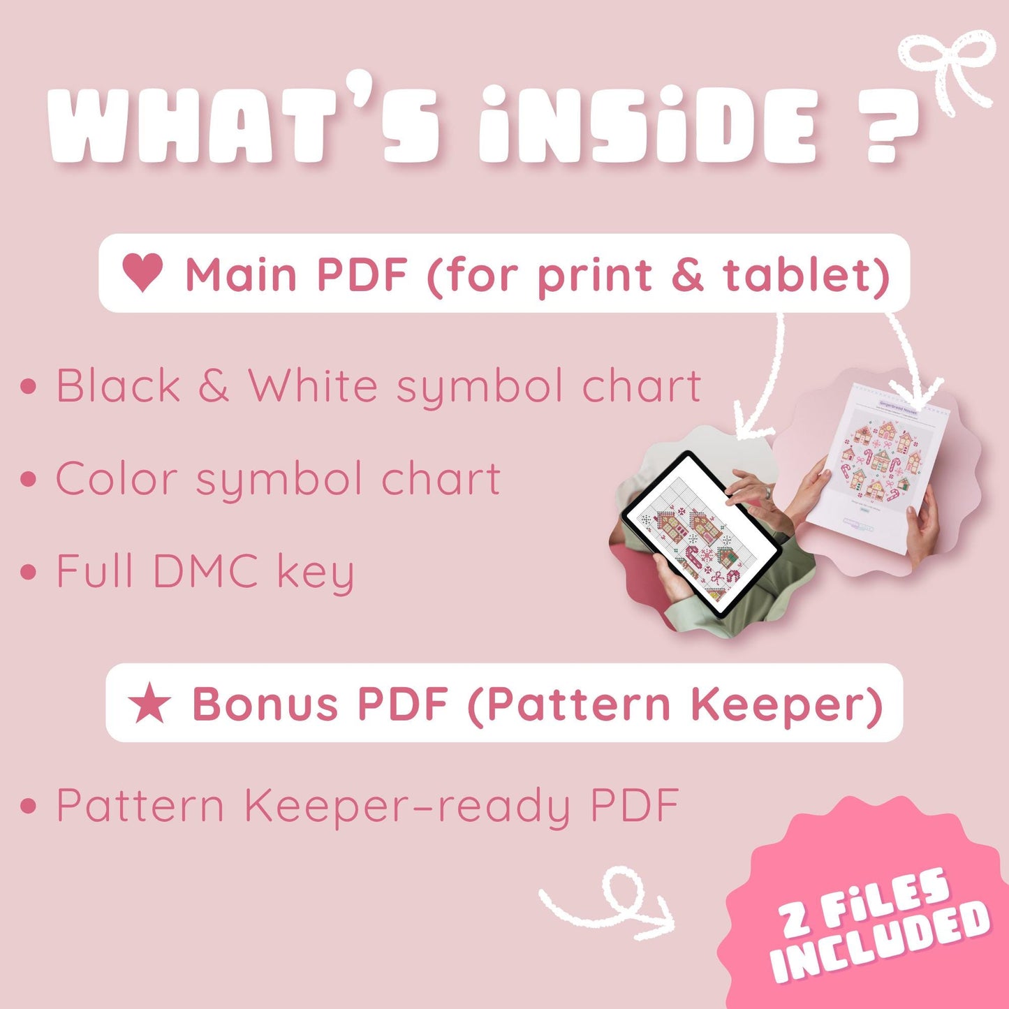 Preview of printable gingerbread house charts and the Pattern Keeper-ready bonus PDF