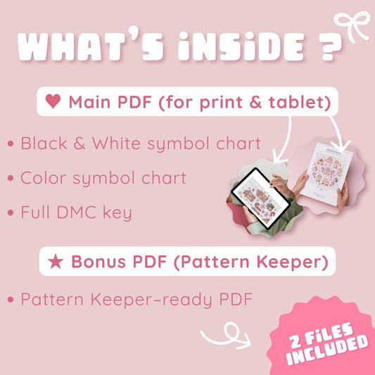 Preview of printable gingerbread house charts and the Pattern Keeper-ready bonus PDF