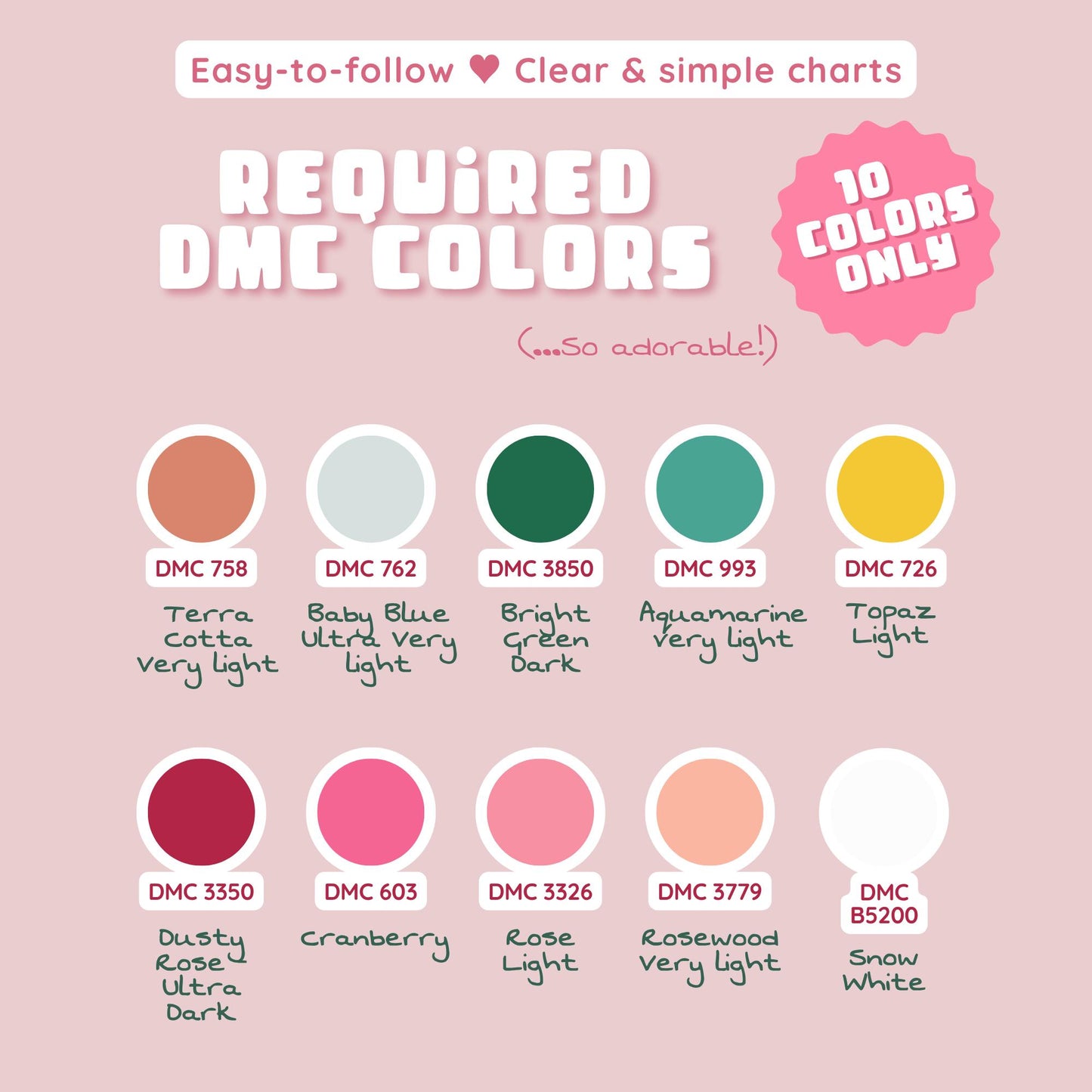Ten DMC thread colors required for the pastel gingerbread house cross stitch pattern