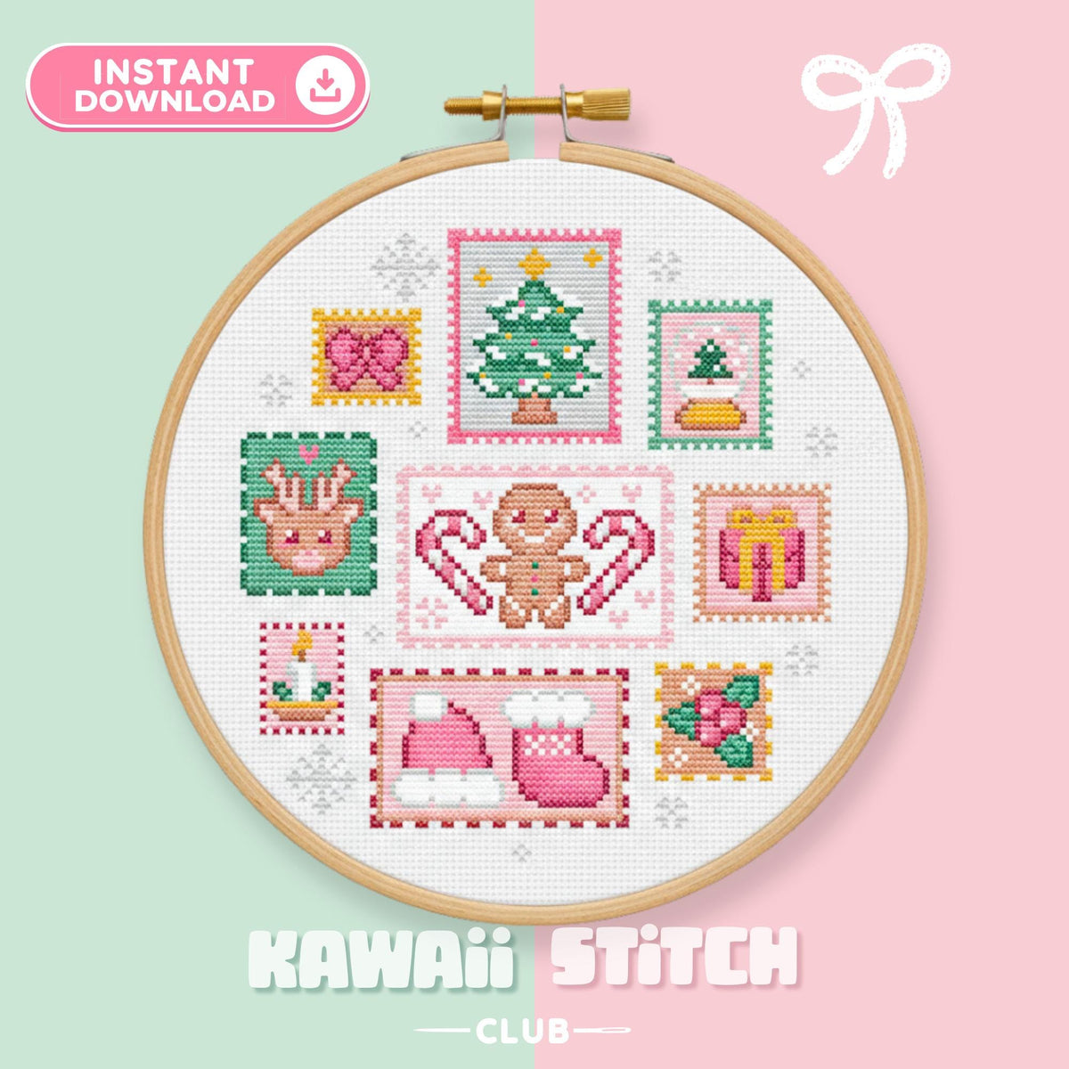 Mini Christmas cross stitch patterns in a hoop with nine stamp-style motifs including gingerbread, tree and stockings