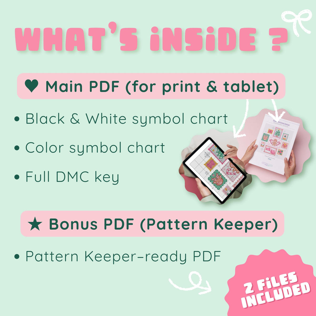 Preview of printable mini Christmas stamp charts and the Pattern Keeper-ready bonus PDF