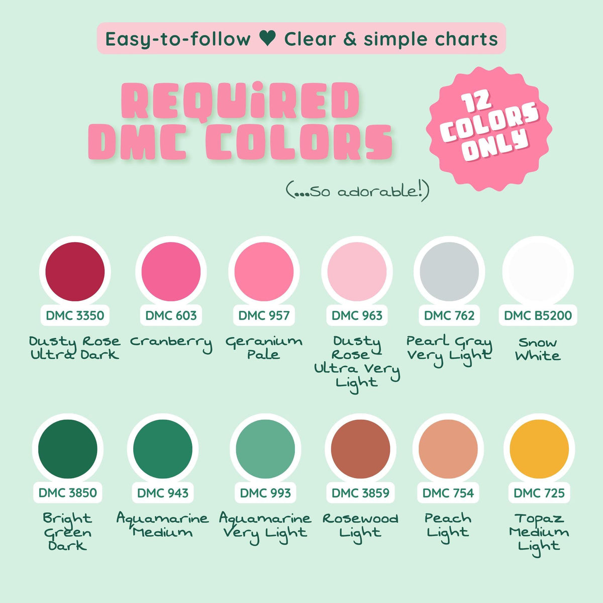 Twelve DMC thread colors required for the mini Christmas stamp cross stitch patterns