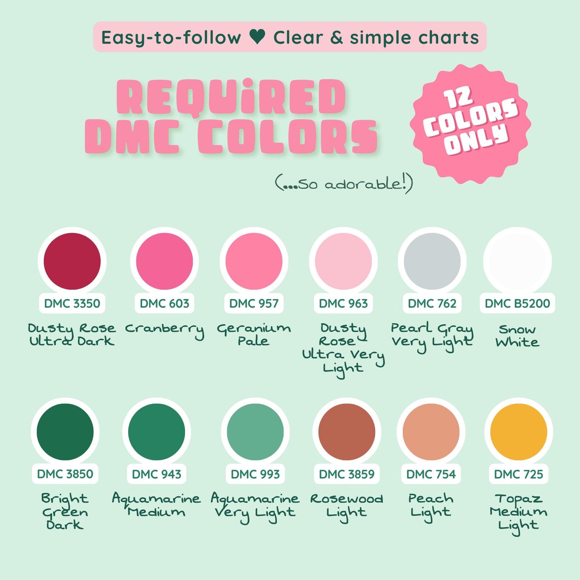 Twelve DMC thread colors required for the mini Christmas stamp cross stitch patterns