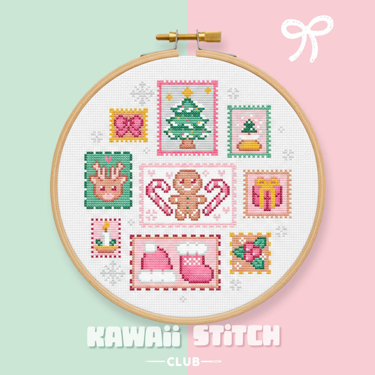 Nine pastel Christmas stamp motifs displayed together in a wooden embroidery hoop