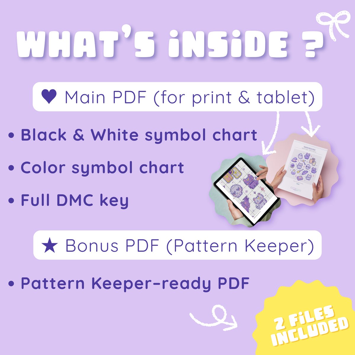 Witchy Cats cross stitch PDF contents with printable charts and Pattern Keeper file
