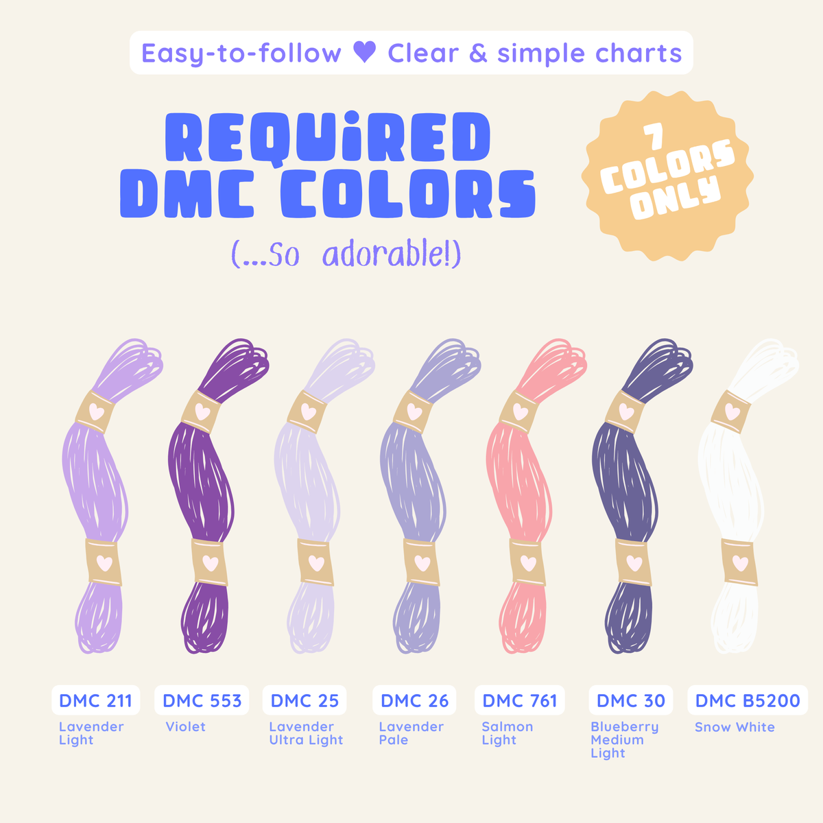 Seven DMC thread colors required for the purple ghosts cross stitch pattern